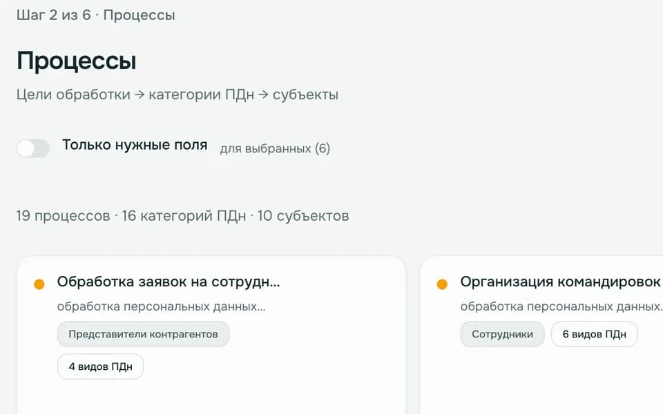 Анкета в Кибероснова Документы, шаг «Процессы»: цели обработки, категории персональных данных и субъекты